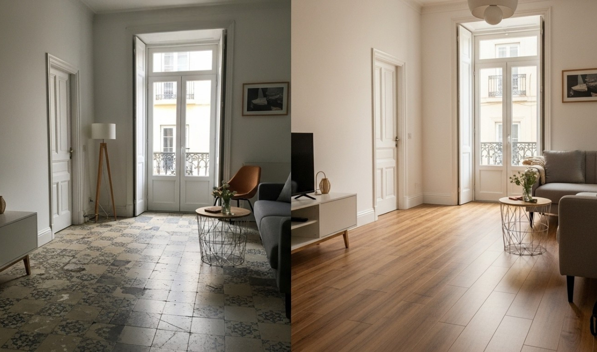 Exemplo de antes e depois - Pavimento Flutuante em Lisboa